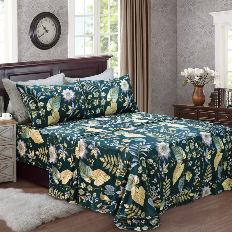 FADFAY Sheets Set King Teal Elegant Floral Bedding Tropical Plam Leave Sunflower Bedding 800 Thread Count Luxury Summer Sheets 100% Egyptian Cotton Deep Pocket Bed Sheets Set, 4 Pieces-King Size - Image 2